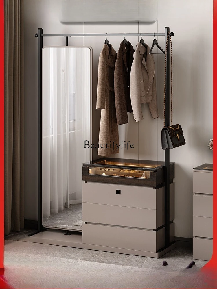 

*Italian minimalist chest, coat rack, integrated light luxury, high-end storage, floor-to-ceiling hanger, full-length mirror