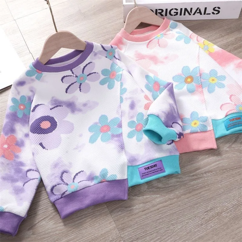 2026 2-7T Long Sleeve Girls Sweatshirts Floral Printed Autumn Winter Children's Clothes Cute Baby Tops