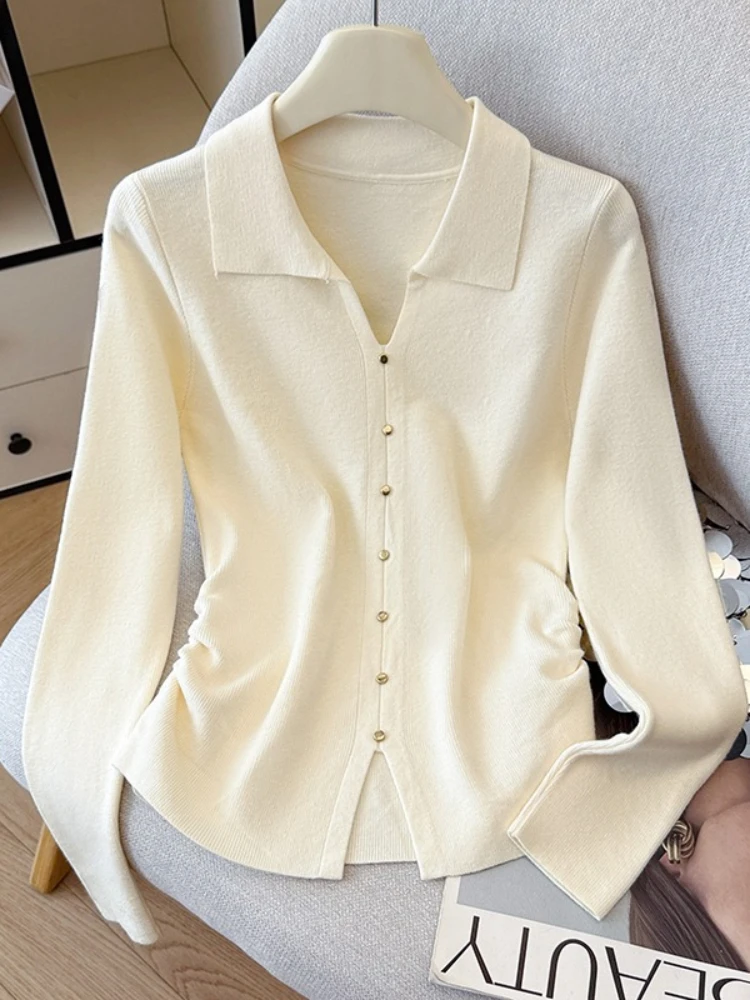 

REALEFT Autumn Winter Single Breasted Polo Collar Women's Knitted Sweaters Long Sleeve V-neck Korean Casual Pullovers Top Female