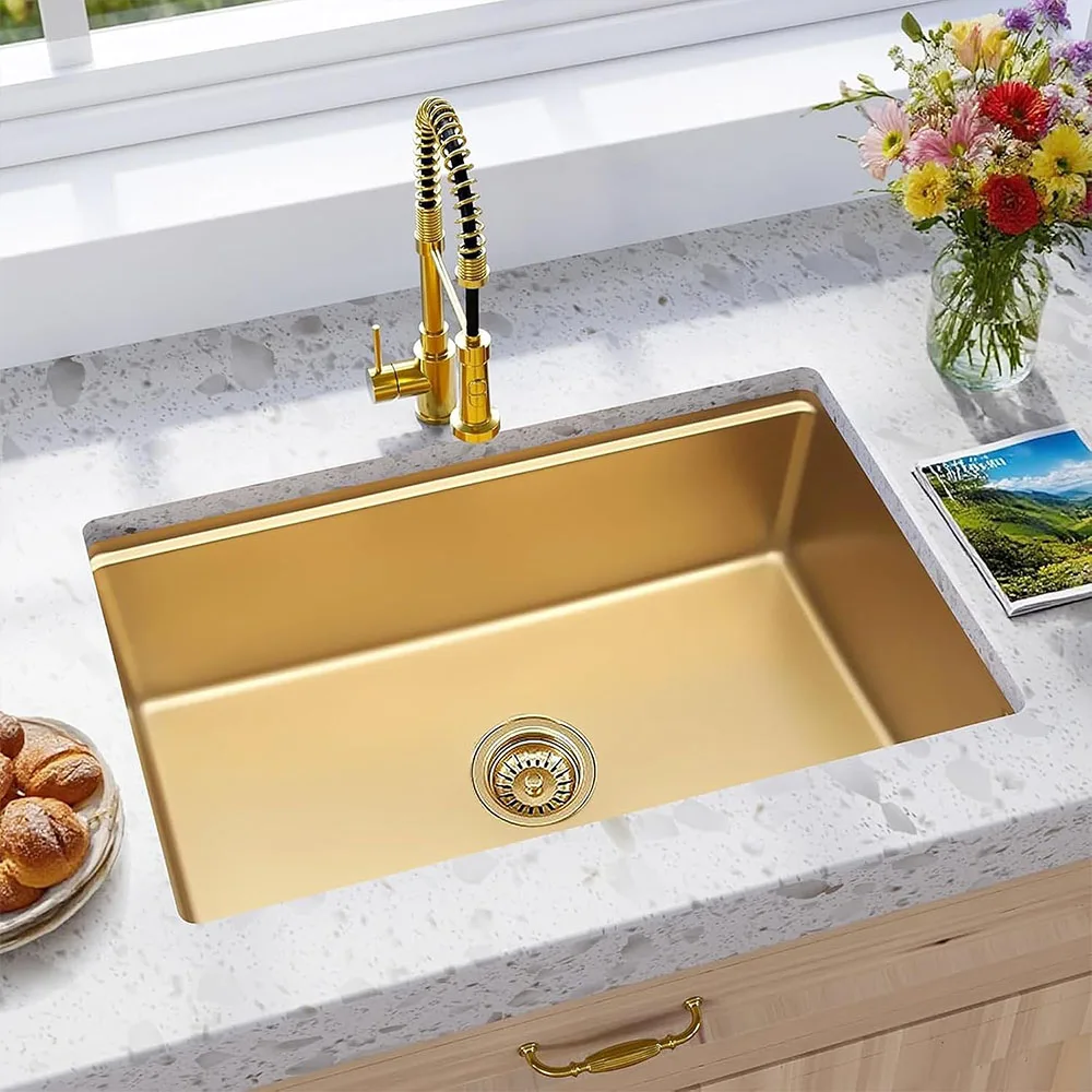 

Gold kitchen sink Single Sink Bowl SUS304 Stainless Steel Kitchen Towel Basket Strainer Golden Washing Basin Kitchen Sinks