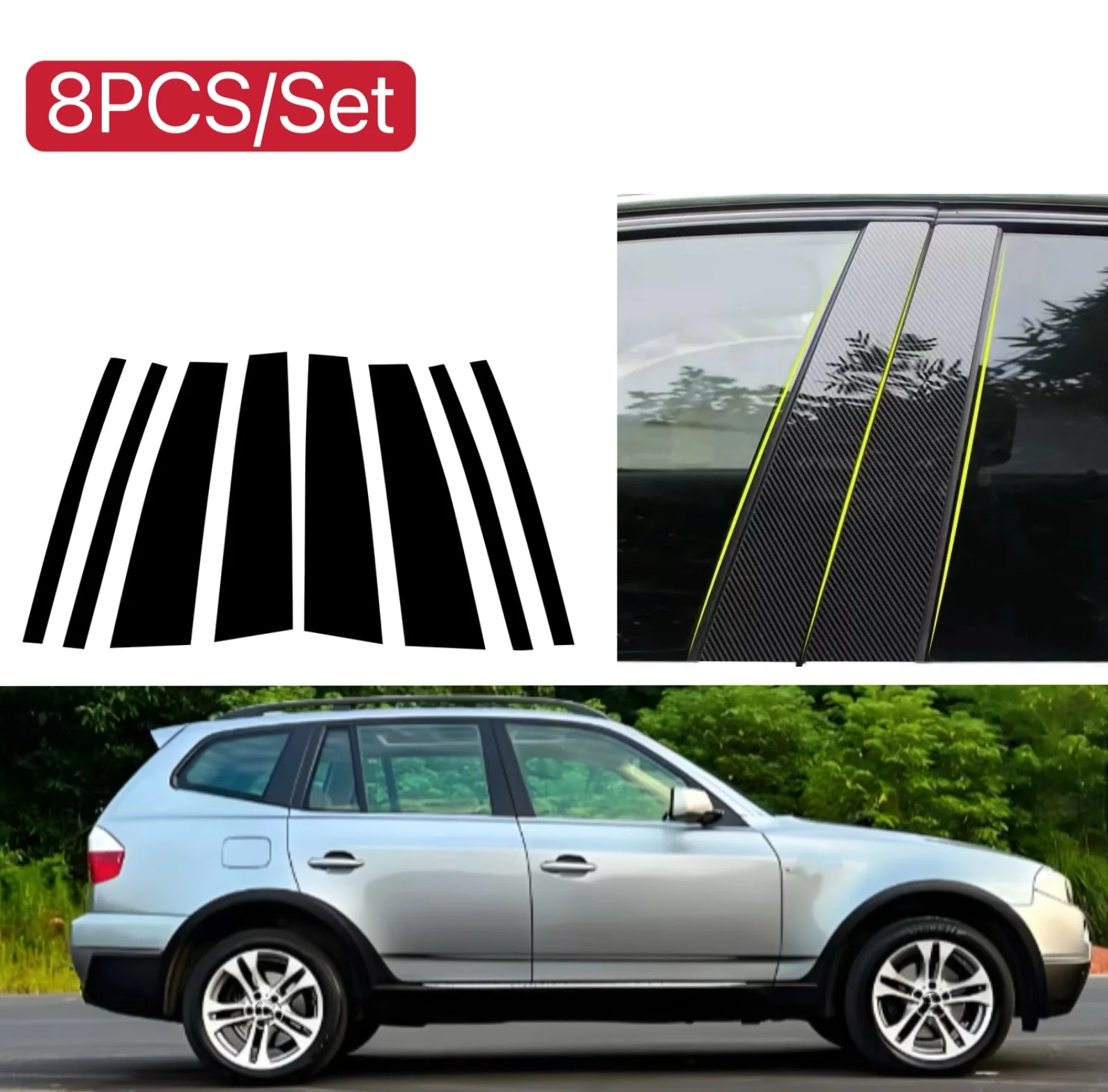 

8pcs Glossy Black Pillar Posts Silver Carbon Fit For BMW X3 E83 2004- 2008 2009 2010 Door Window Sticker Moulding Trim Cover