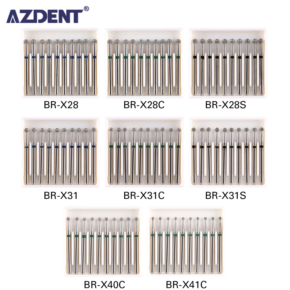 AZDENT 10 Pcs/pack Dental Diamond Bur Ball Round Stainless Steel Bur 25mm FG 1.6mm for High Speed Handpiece 450000r/min