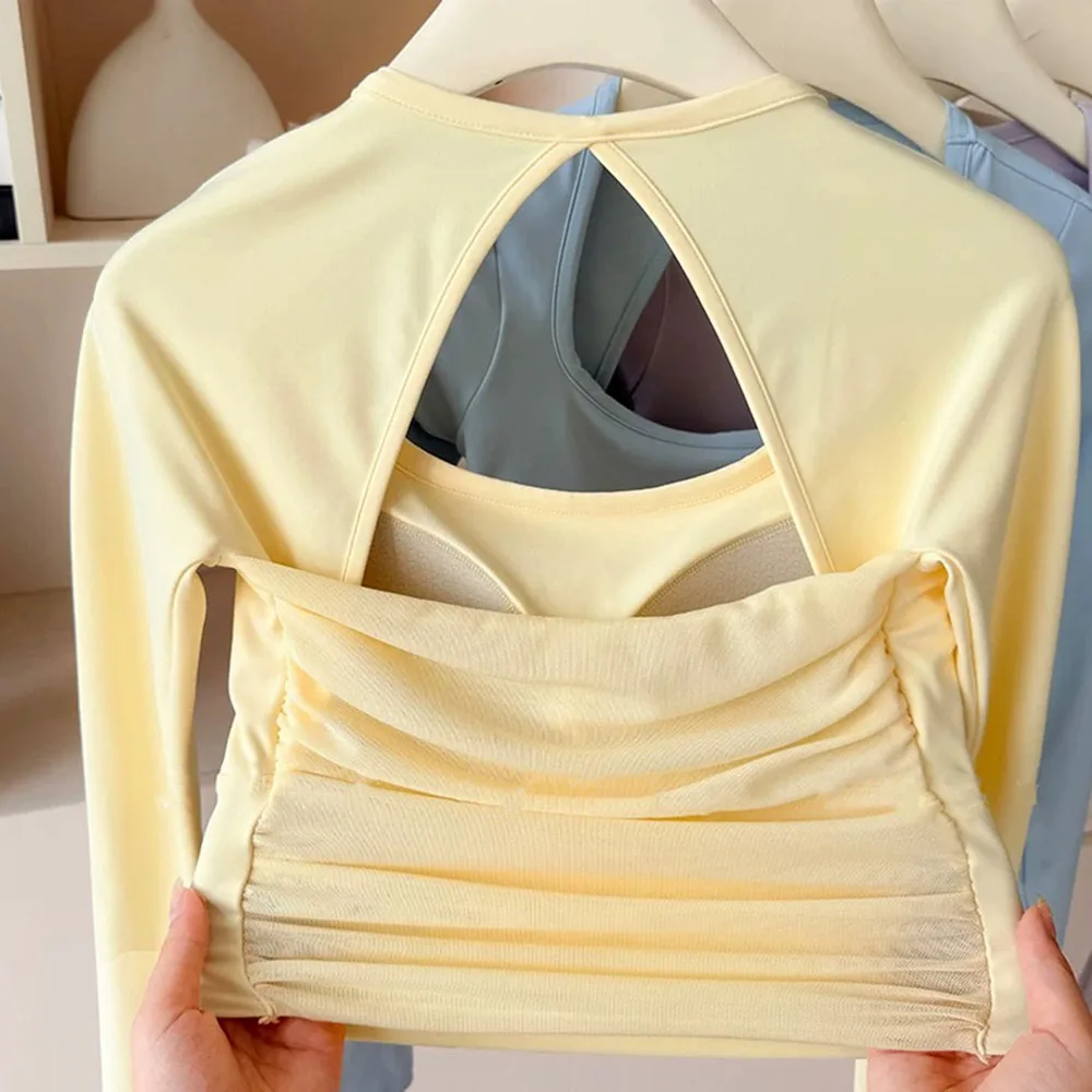 

Женский спортивный топ с длинными рукавами и нагрудными подушечками, одежда для йоги, одежда для фитнеса для тренировок по пилатесу, бег