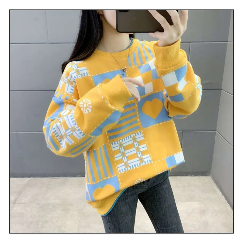 Spring Autumn Contrast Color Pullover Round Neck Geometric Printing Lantern Long Sleeve Office Lady Screw Thread Hoodies Tops