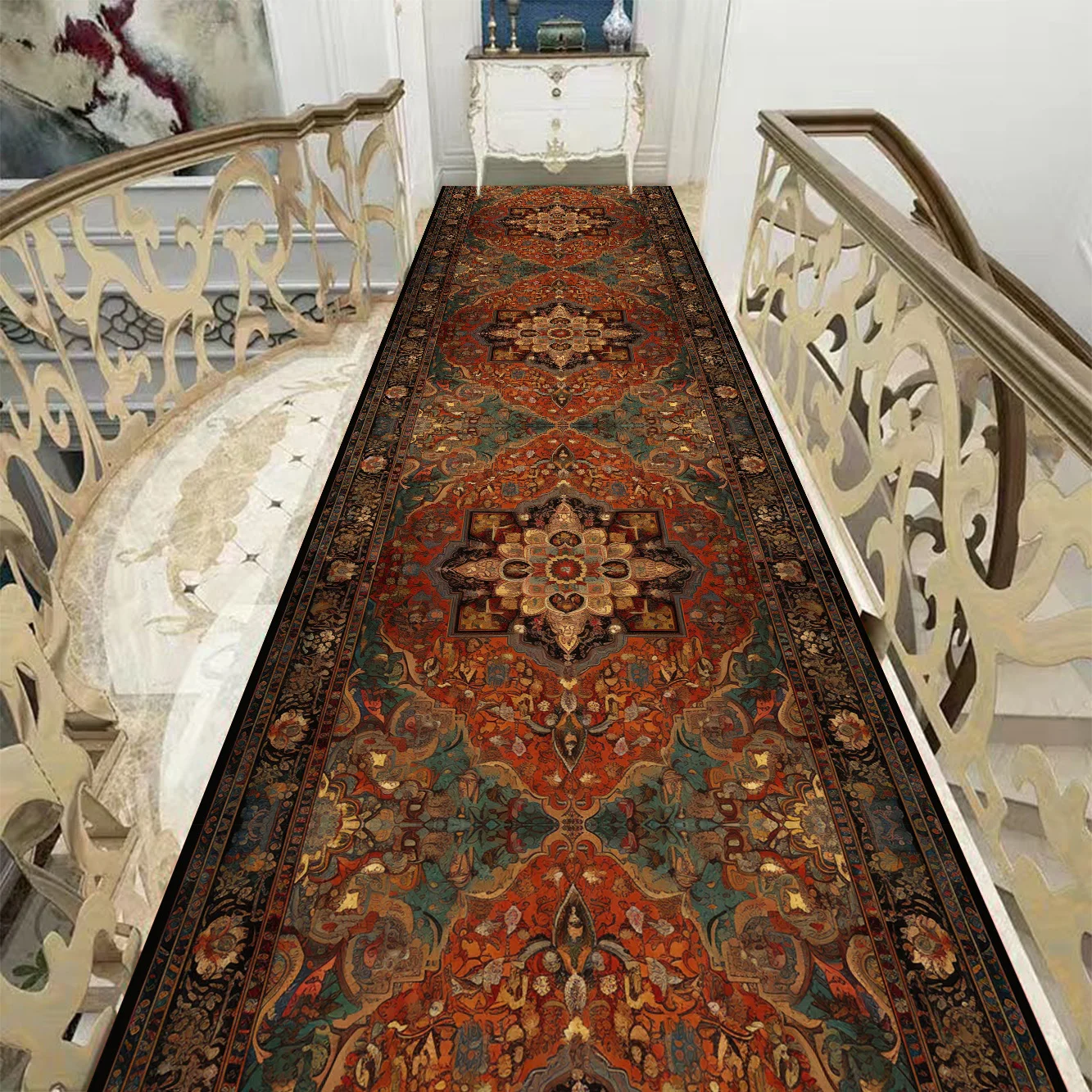 

Retro Persian Long Corridor Carpet Villa Stairway Floor Mats Non-slip Hallway Area Rugs Washable Home Decor Living Room Carpets