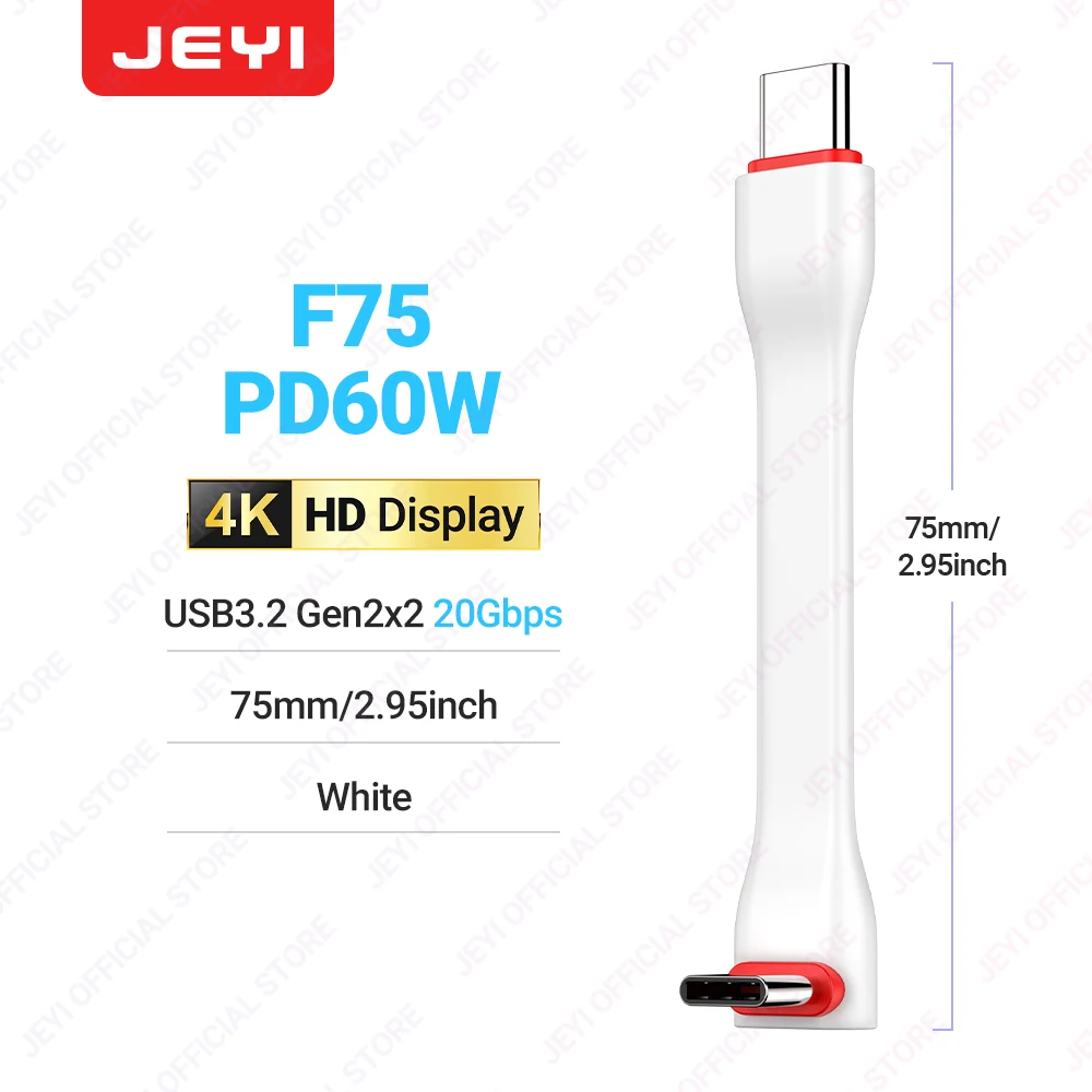 JEYI 20Gbps 90 ° USB-kabel C naar C PD 3A 60W 75MM Mobiele Power USB-C Kabel voor het opladen van powerbanks, MacBooks, laptops, tablets, iPhone 15 Pro