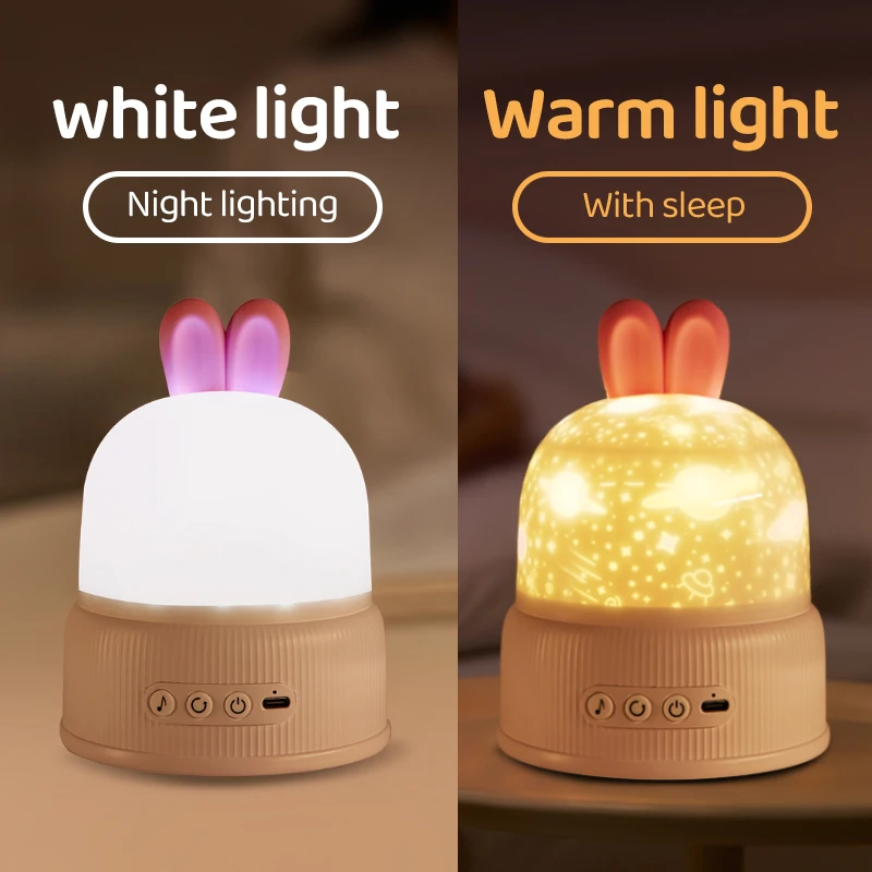 Bunny Led Night Light Star Projector Projection Lamp with Remote Control 8 Tunes Films Rotation Gifts for Kids Birthday Bedroom