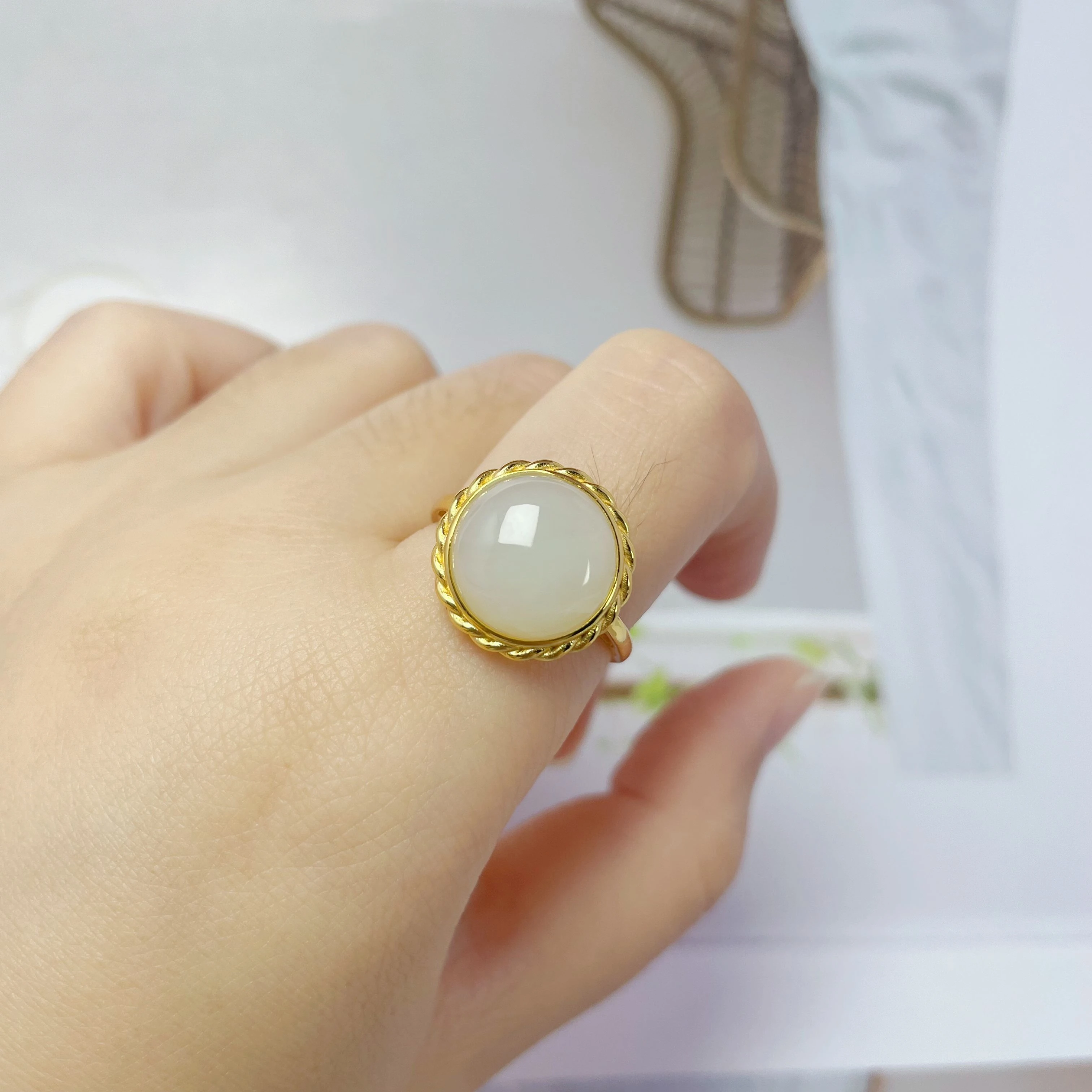 Genuine China Nephrite Stone White Jade Round Rings 925 Silver Certified Jewelry Women Natural Hetian Jade Ring Adjustable