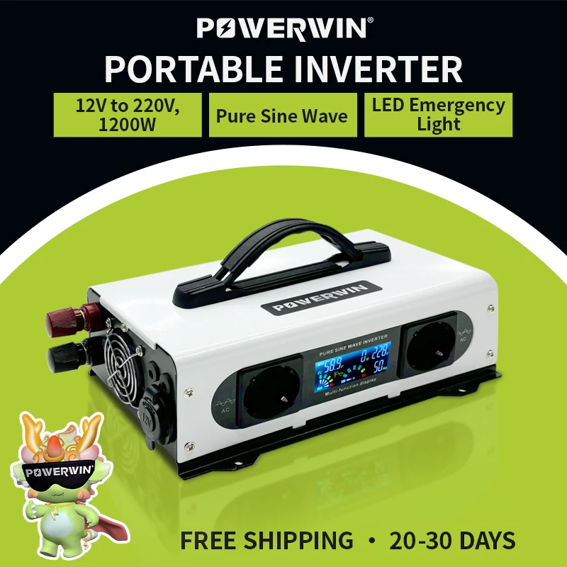 

POWERWIN Portable Inverter PI1200 12V 1200W With Battery Connecting Cord Pure Sine Wave 12V EU Outlet LCD Screen Dual USB