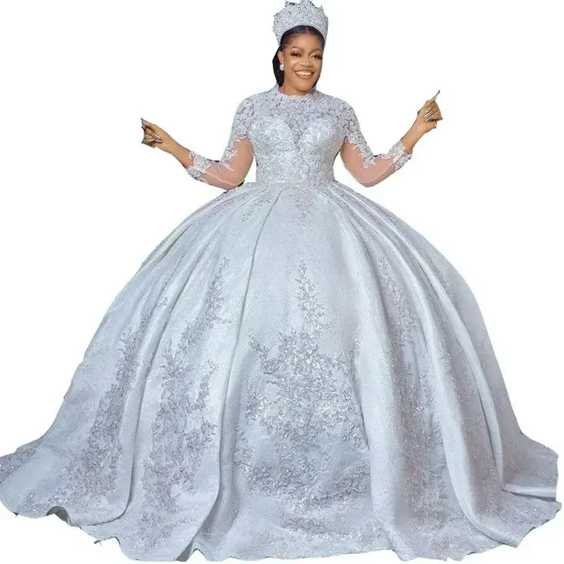 Aangepaste plus size hoge kraag kanten applicaties trouwjurk voor bruid Robe De Mariée lange mouw kerk baljurk bruidsjurk