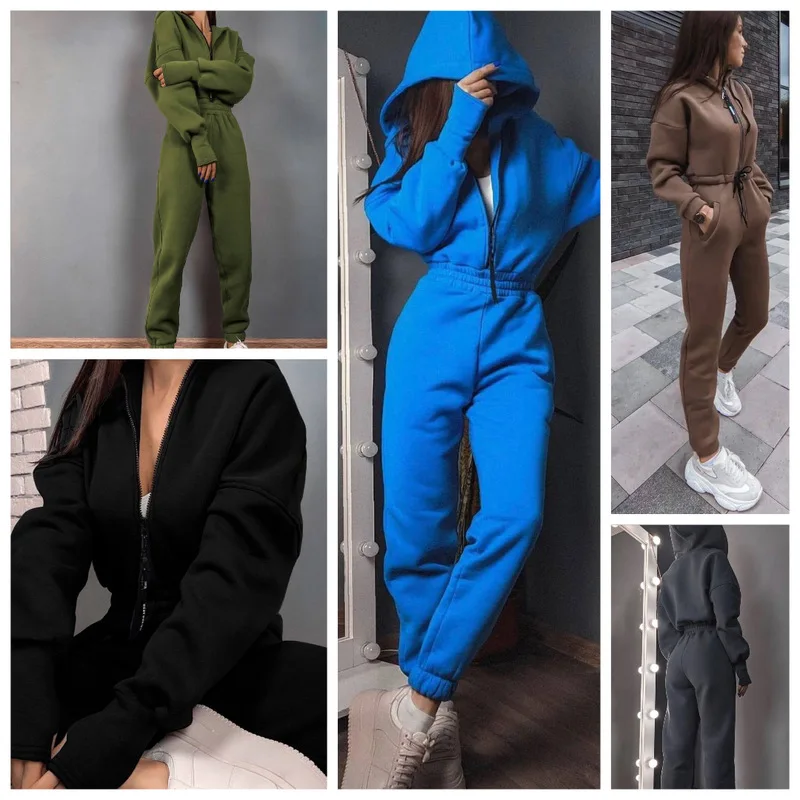

Hot Sells Trendy Sweatshirt Jumpsuit Hooded Dropped Shoulder Sleeves Fashion High Waist Sports Street Female Pants Jumpsuit