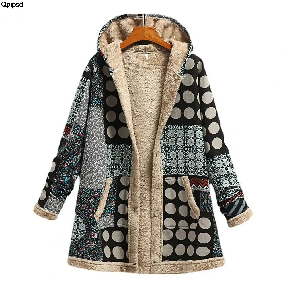 Winter Vrouwen Hooded Jacket Met Pocket Kasjmier Dikke Splicing Plus Size Retro Lange Mouwen Losse Katoen Linnen Gedrukt Jacket