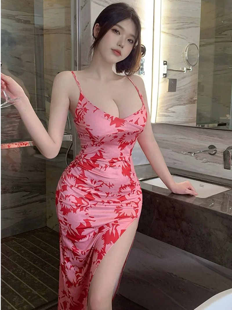 Sexy Nachtwäsche, kleine Brust, verführt Cheongsam, Schlitz, bedruckt, langes Kleid, elegante rosa süße Kleider, 2025, neue Mode für Damen, JZI4