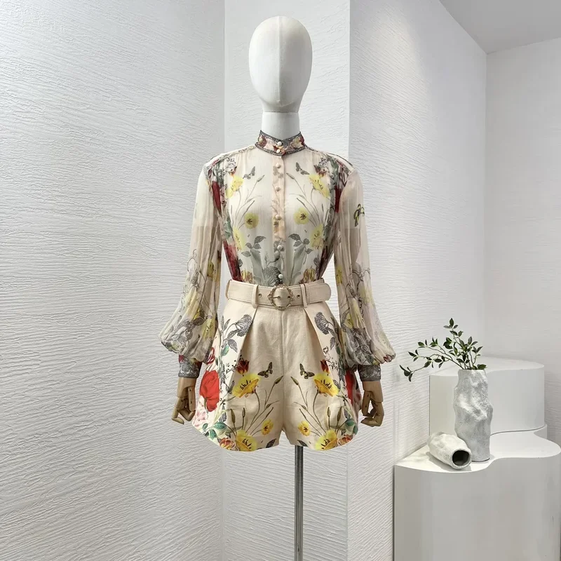 

Summer 2024 Women New Holiday Collection Floral Print Long Lantern Sleeve Vintage Silk Blouse Tops and Belted Linen Shorts Set