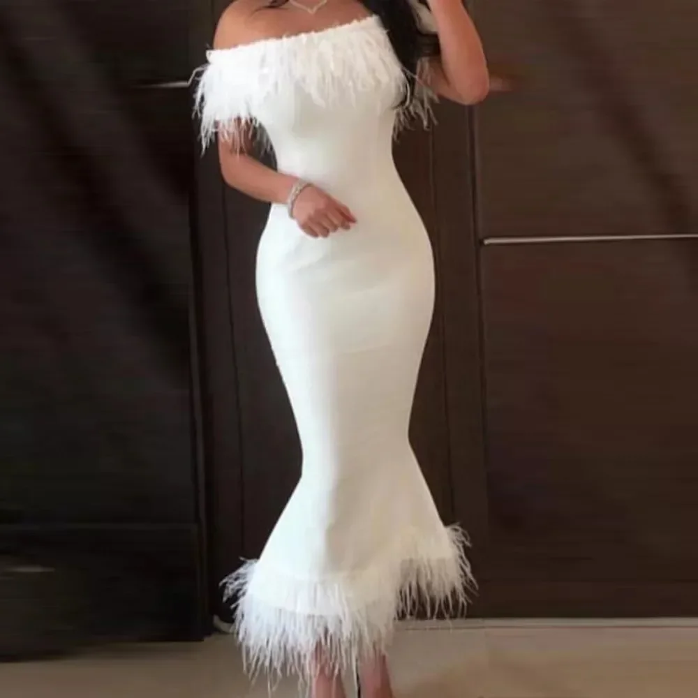 

New Cocktail Mermaid Wedding dress sexy off shoulder with feather satin tea length plus size party celebrity PROM bridal dress