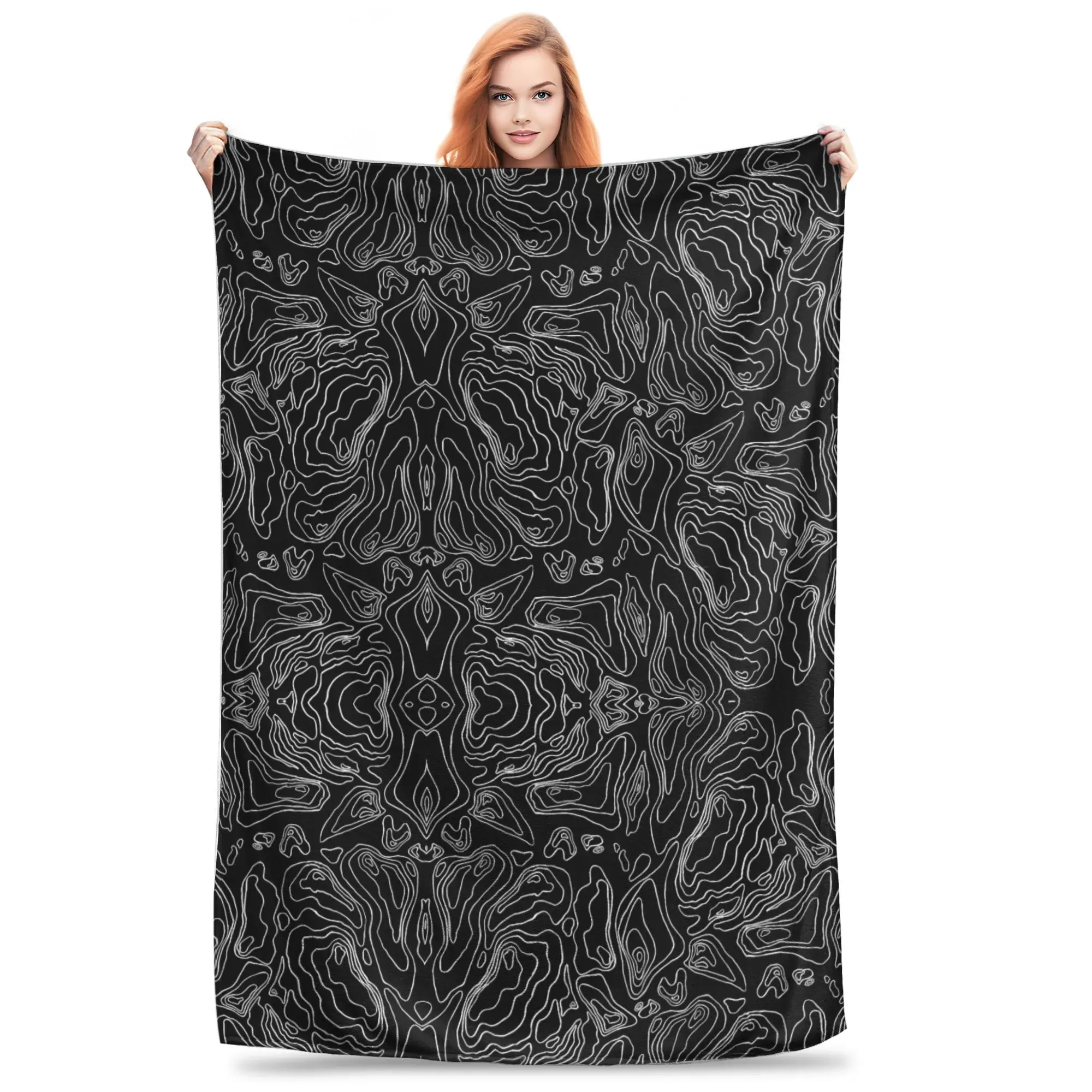 

Black Topographic Lines Blanket Warm Graphic Plush Throw Blanket For Child Outdoor Flannel Bedspread Bed Cover