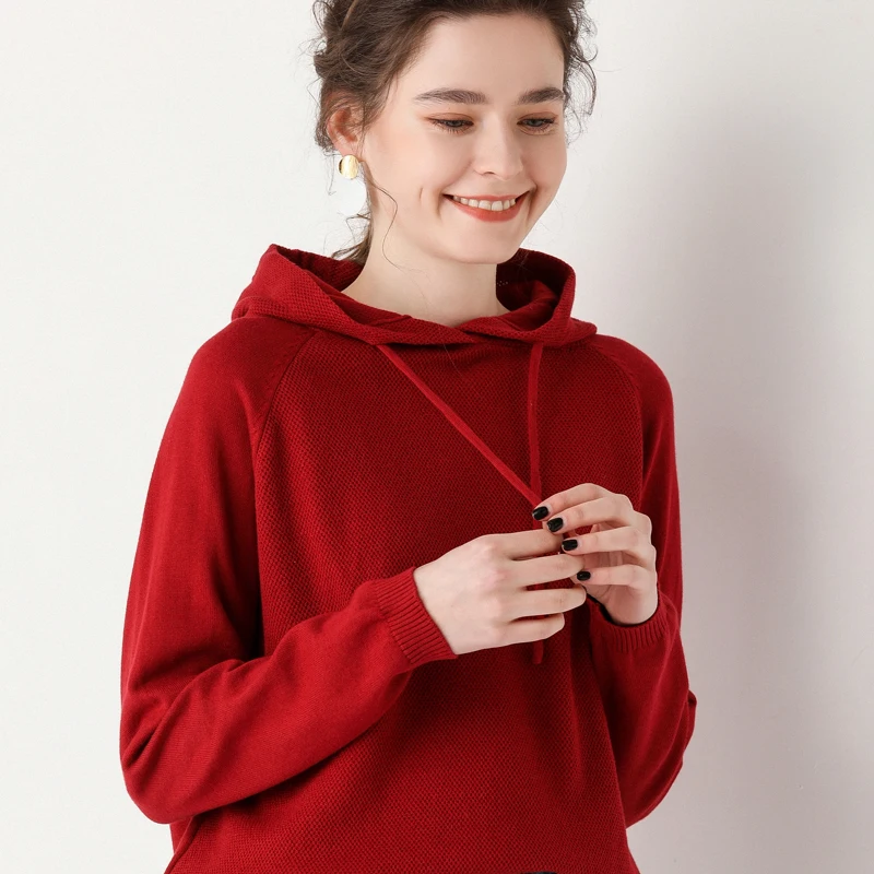 Women‘s Hooded Clothing Spring And Autumn Long Sleeved Fashion Casual Versatile Tops Knitted Pure Cotton Hooded Collar Pullover
