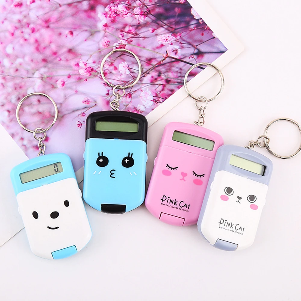 Mini Calculator Cute Cartoon with Keychain 8 Digits Display Portable Pocket Size Calculator for Children Students School