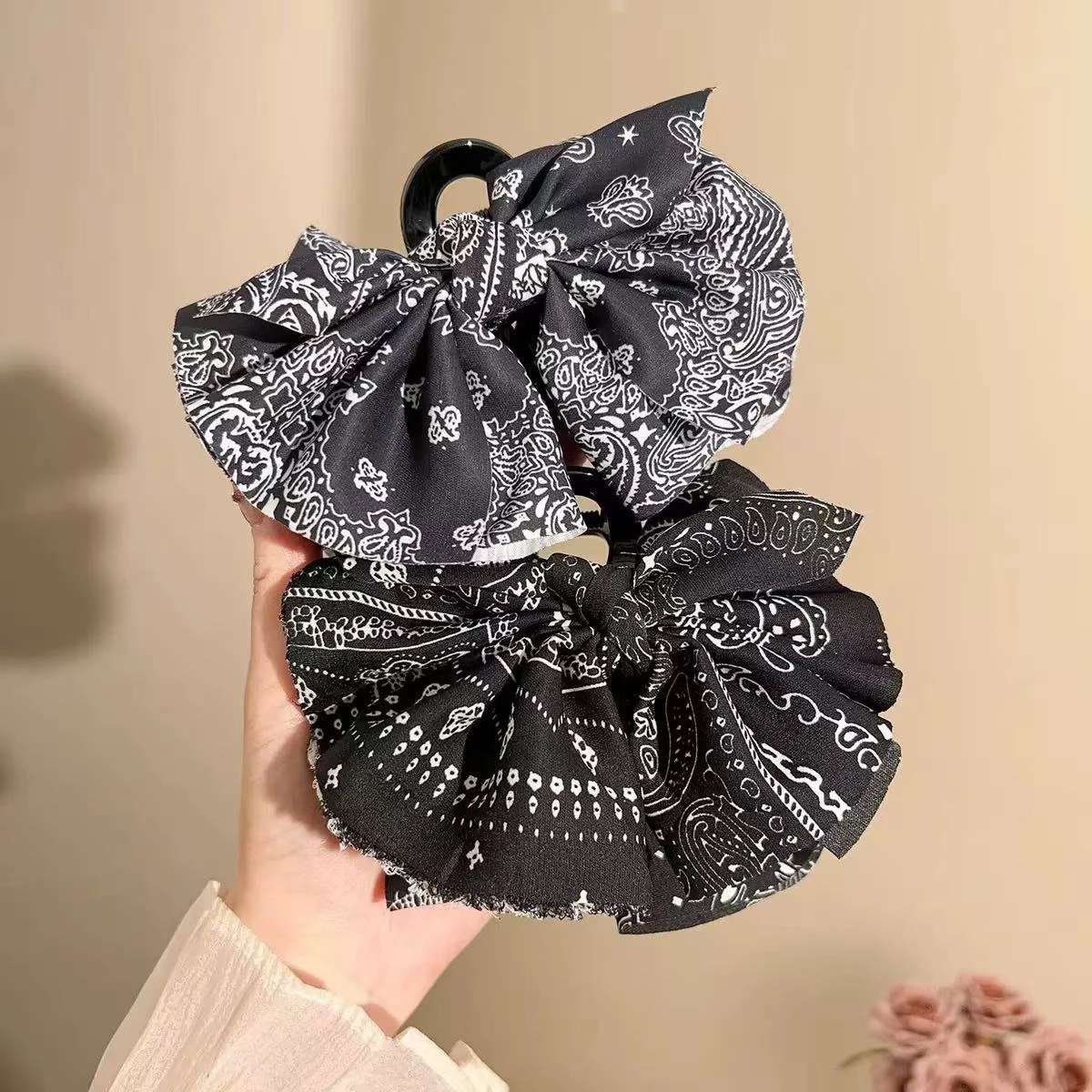 1 قطعة زهرة الكاجو الرجعية الأمعاء الغليظة scrunchie ، الكورية المطبوعة كبيرة القوس دبوس الشعر ، الراقية الجزء الخلفي من الرأس أوبدو القرش كليب #2