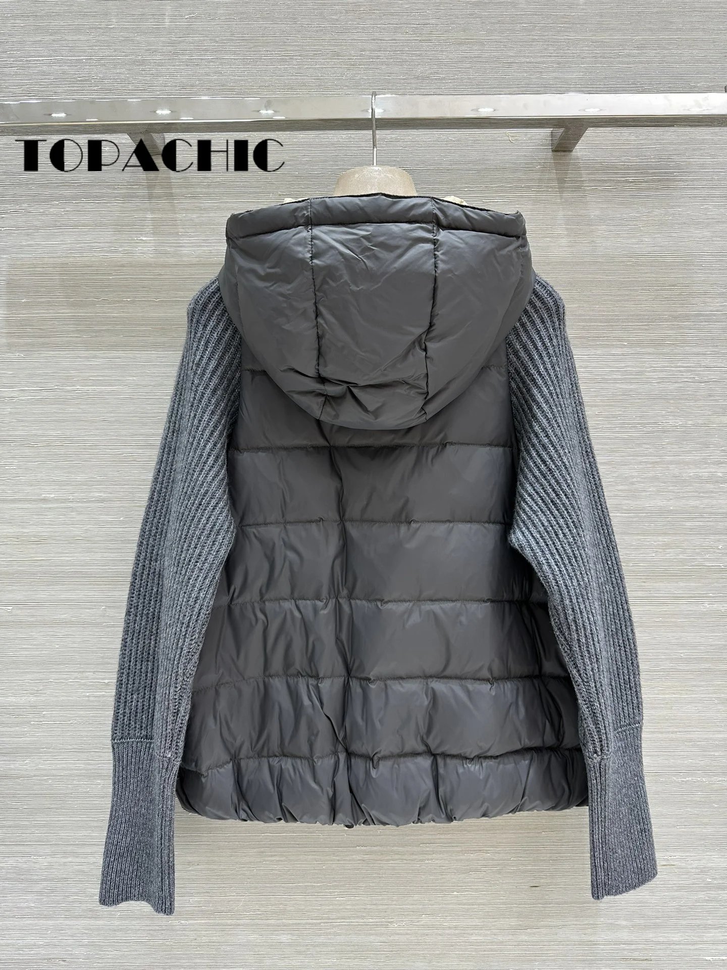 8.31 TOPACHIC-Women Bead Chain Zipper Wool Knit Long Sleeve Spliced Hooded Down Jacket Keep Warm Comfortable All-match Coat