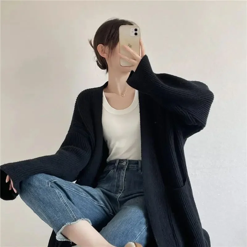

Mid-Long Cardigans Navy Blue Womens Spring Daily Tonal Fancy Drawstring Mock-Neck Loose-Fit Chic Casual Trendy Tassels Harajuku
