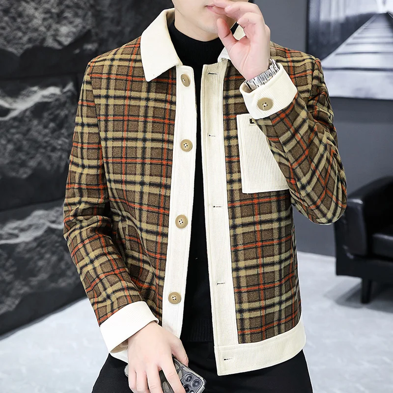 Autumn Fashion Plaid Jacket for Men Long Sleeve Casual Business Coats Social Streetwear Social Windbreaker Jaqueta Masculina