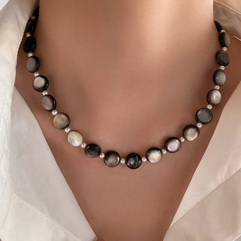 

Minar Dainty 10mm Black Round Natural Shell Imitation Pearl Beaded Necklace for Women PVD Plated Stainless Steel Strand Chokers