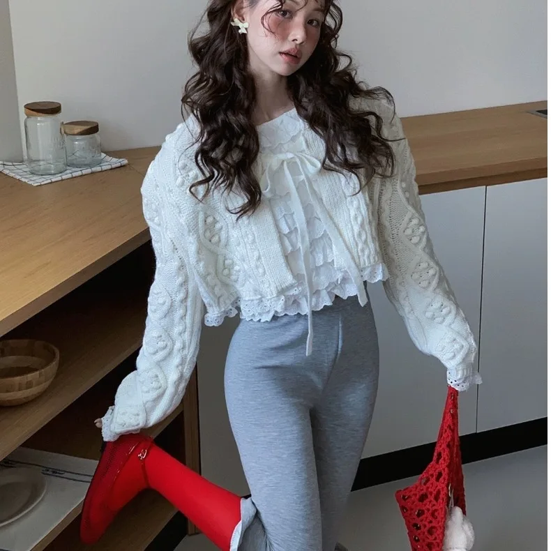 

Sweet Knitted Sweater Women's Sle Tassel Twist Long Sve ort Length Autumn Winter Faion Commute Lace Trim Belted Card...