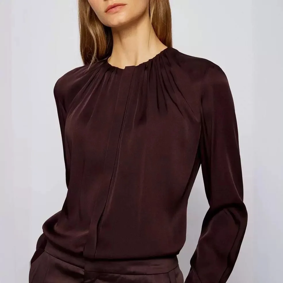 

Heavy-weight Silk Double Joe Satin Drapes Silky BLOUSE Stretch-satin Classic Crewneck Long-sleeved Mulberry Shirt Women Blouse