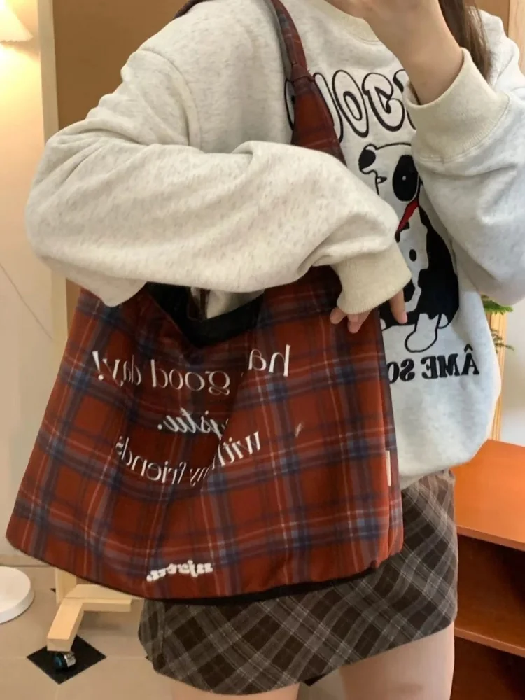 Letters Print Plaid Vintage Handbag Tote Bags Large Capacity Women Commute Shoulder Bag