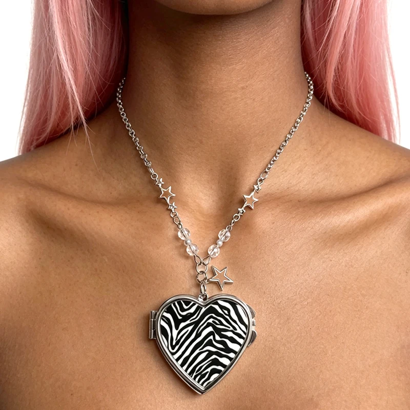 Y2K Schmuck Rosa Leopardenmuster Herz-Spiegel-Anhänger Halskette für Frauen Mode Punk Zebra-Muster Halskette Accessoires Goth Charm – Detail 2