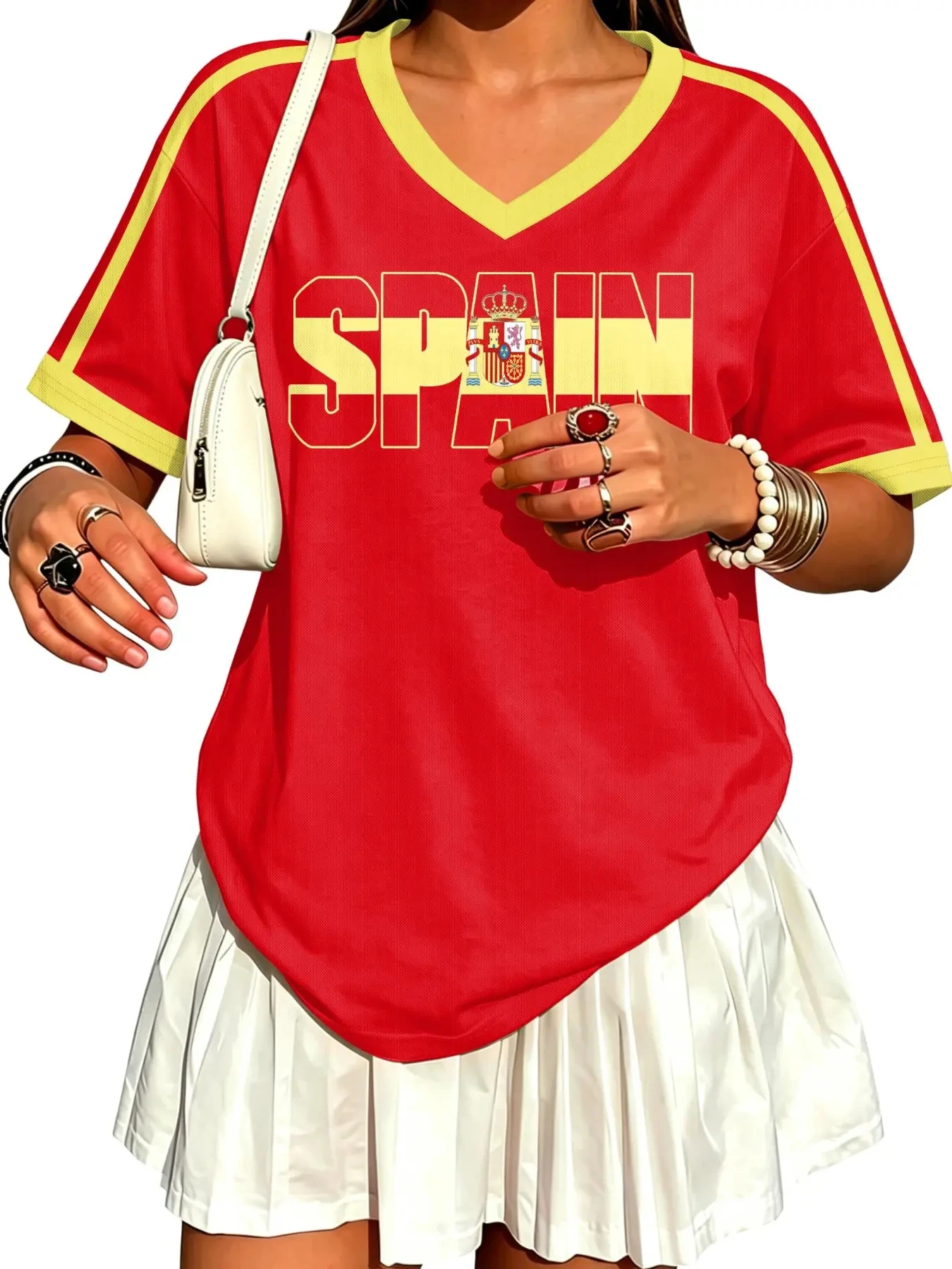 Women Argentina Striped Mesh Tee V Neck Football Jersey Oversized Drop Shoulder Y2K Vintage Sporty Summer Streetwear Casual Tops