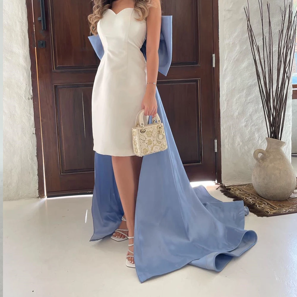 

Customized Elegant Bow Crystal Spaghetti Straps Satin Evening Dress Modern Straight Knee Length Sweetheart Sleeveless Prom Dress