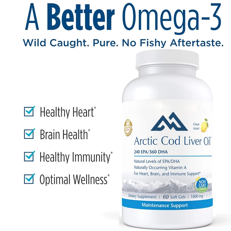 

Arctic cod liver oil, lemon -60 soft gel - Omega3 and EPA and DHA health immunity, overall health -30 non transgenic