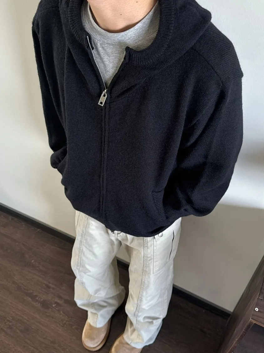 

Повседневный вязаный кардиган с капюшоном в американском стиле High Street, джемпер для мужчин и женщин, осень-зима, модная двойная молния, облегающий длинный крой...