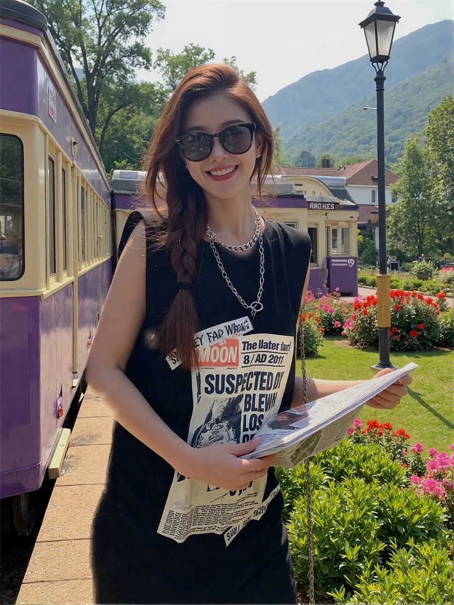 Abito da donna Giovane ragazza stile coreano Streetwear senza maniche con cinturino per spaghetti Cinghie con cinturino allacciato al collo Halter con scollo all'americana sexy