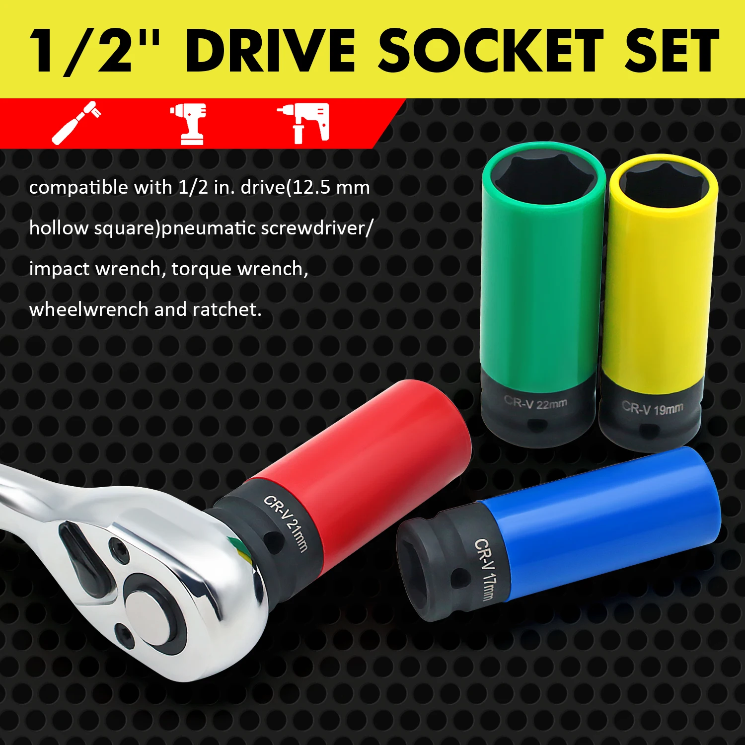 1/2' Drive Lug Nut Socket Set Drive Wheel Socket Auto Repair Protector Impact Sleeve Set 15mm, 17mm, 19mm, 21mm, and 22mm image 4