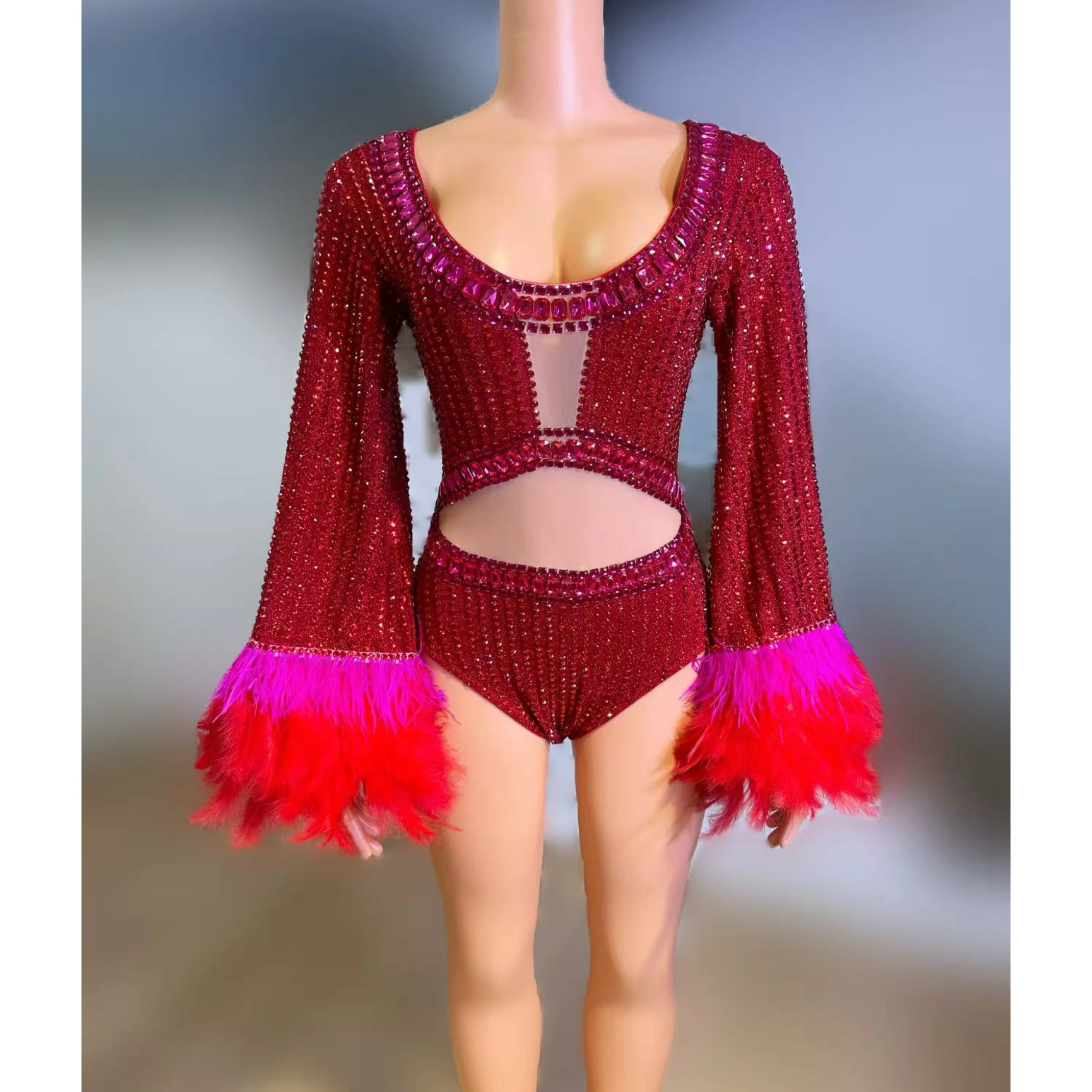 الفاخرة الأحمر الراين انقطاع ريشة الأكمام ارتداءها للنساء المغني راقصة مثير أداء المرحلة ارتداء بار الحفلة زي #5