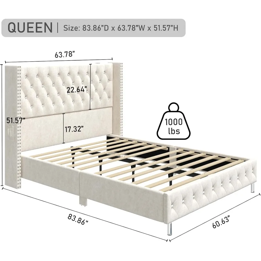 Queen LED Upholstered Bed Frame with Velvet Tufted Bed Frame W/USB&Type-C Ports, No Box Spring Needed, Bed Frame