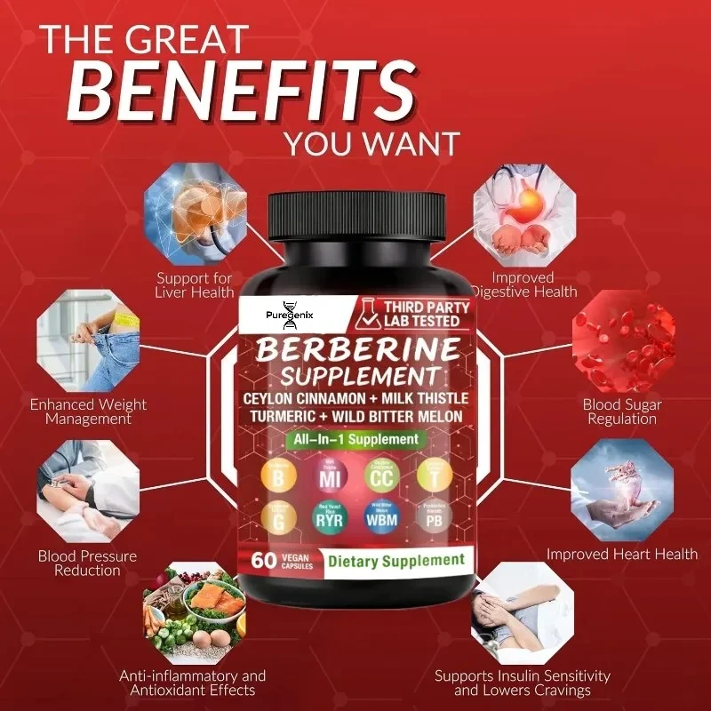 Berberine , Milk Thistle, Cinnamon, Turmeric, Spoon Feeding Vine, Red Yeast Rice, Bitter Gourd, and Probiotics -60 Capsules