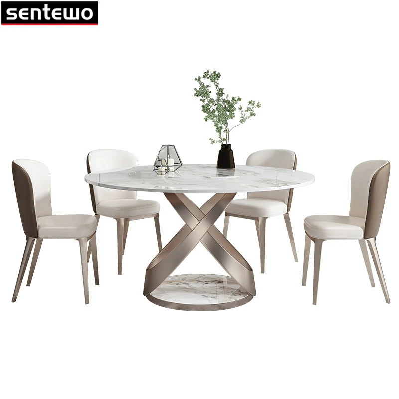 Designer Luxury Round Dinner Marble Rock Slab Dining Table Set 4 Chairs Mesa De Jantar Eettafel Marbre Stainless Steel Gold Base