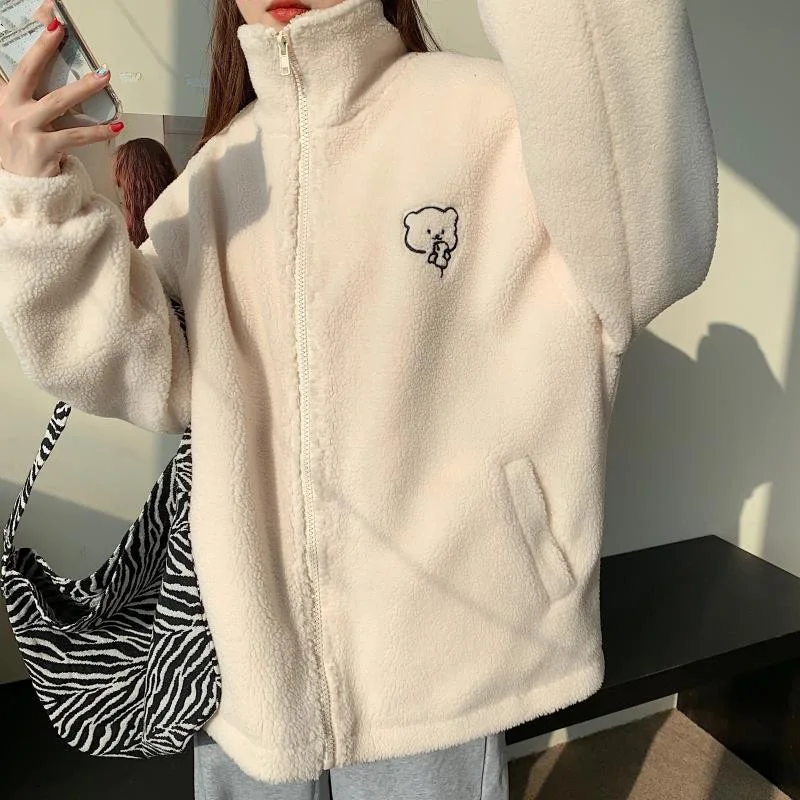 Kawaii Standing Collar Lamb Wool Women Sweatshirts Plush and Thickened Loose Cartoon Bear Woman Clothing Autumn and Winter 2023