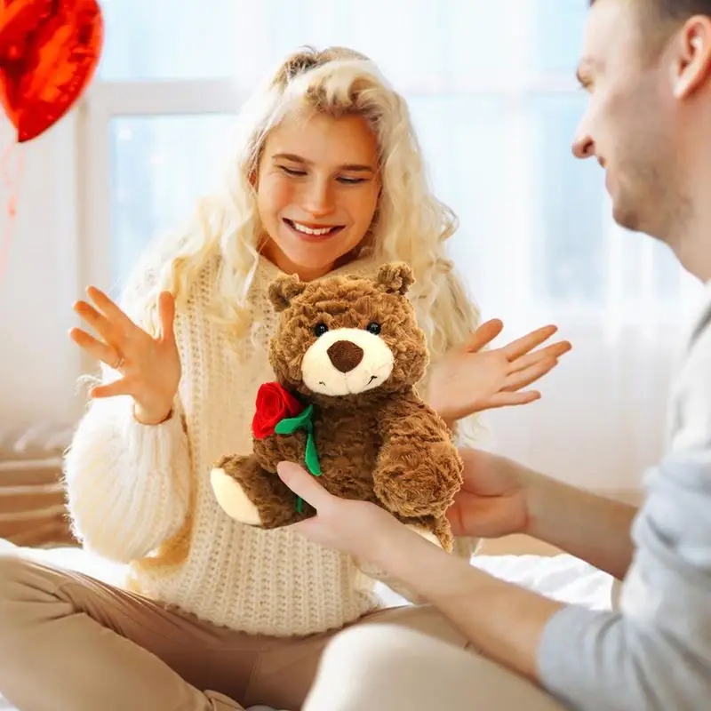 Niedlicher Rosenbär-Plüschtier, Valentinstag-Bär, Stofftier mit Rose, 9,45 Zoll, bezauberndes Umarmungskissen für weibliches Geburtstagsgeschenk