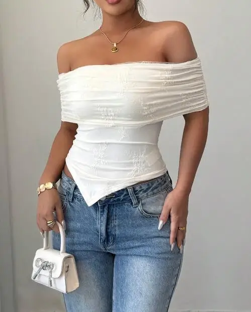 

Summer Sexy One Neck Off Shoulder Women's Vest with Solid Color Lace Patchwork Waist Cinching and Tight Off Shoulder Sexy Top