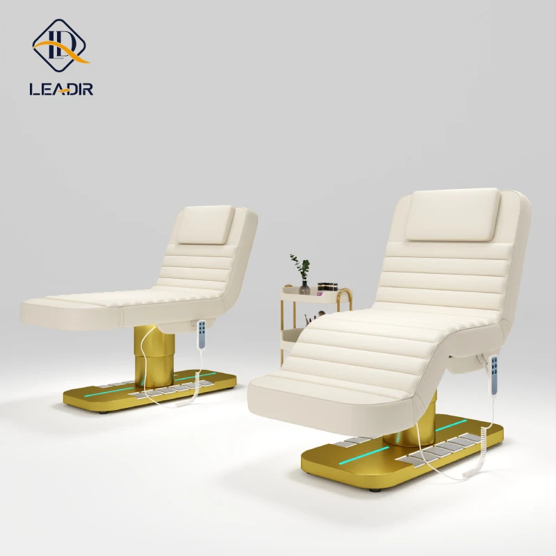 

Original Patent Design Golden Base Electric Metal Massage Bed Beauty Salon Electric Facial Bed Recliner for Cosmetic Treatment
