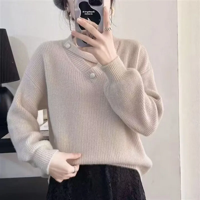 Women New Crystal Mink Sweater Fall Winter Clothing Y2K Short Undercoat Fashion V-Neck Pullover Sweater Casual Knitt Top Female