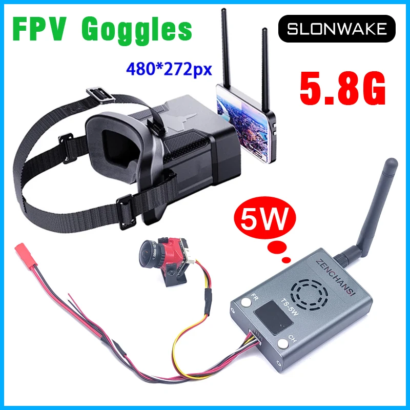 แว่นตา48CH 5.8G 4.3นิ้ว HD VR FPV และ5.8G 5W เครื่องส่งสัญญาณไวด์แบนด์ FM เครื่องปล่อยสัญญาณพร้อมกล้องแสงดาว1200TVL FPV