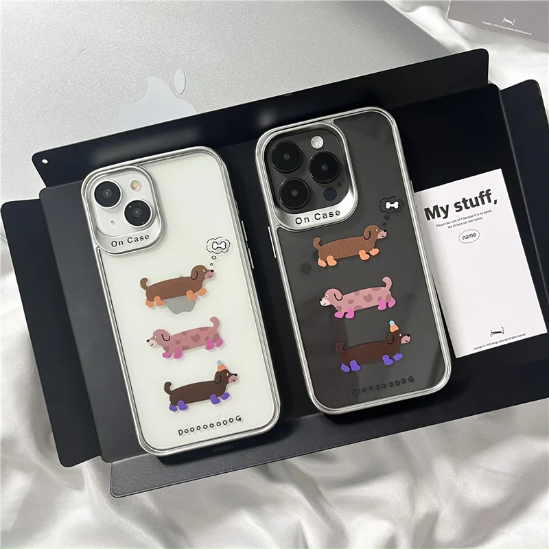 Coque de téléphone transparente avec cadre galvanisé INS Cartoon, coque arrière pour iPhone 15, 14 Plus, 13 Pro Max, 12 Pro, 3 chiens à saucisses