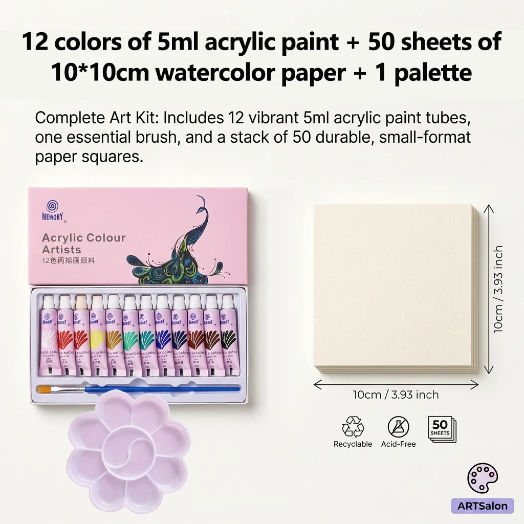 Acrylic Painting Kit for Students 12/24 Colors 5ml Each with 50 Sheets 10x10cm Watercolor Paper And 1 Palette for Creative Art P
