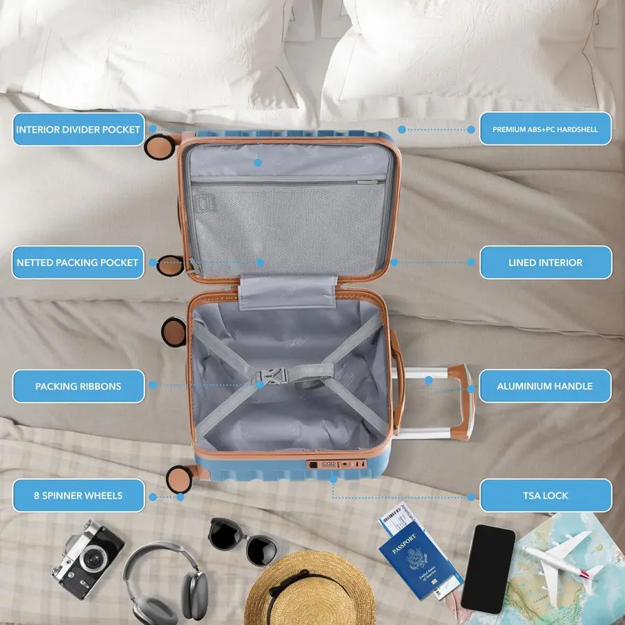 على حقيبة 18x14x8 من الجانب الصلب المدمج في قفل TSA أمبير منفذ USB أمتعة خفيفة الوزن عجلات دوارة مزدوجة صامتة أقصى مقعد سفلي C #6